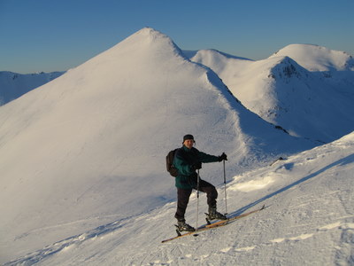 skiing up the mountain